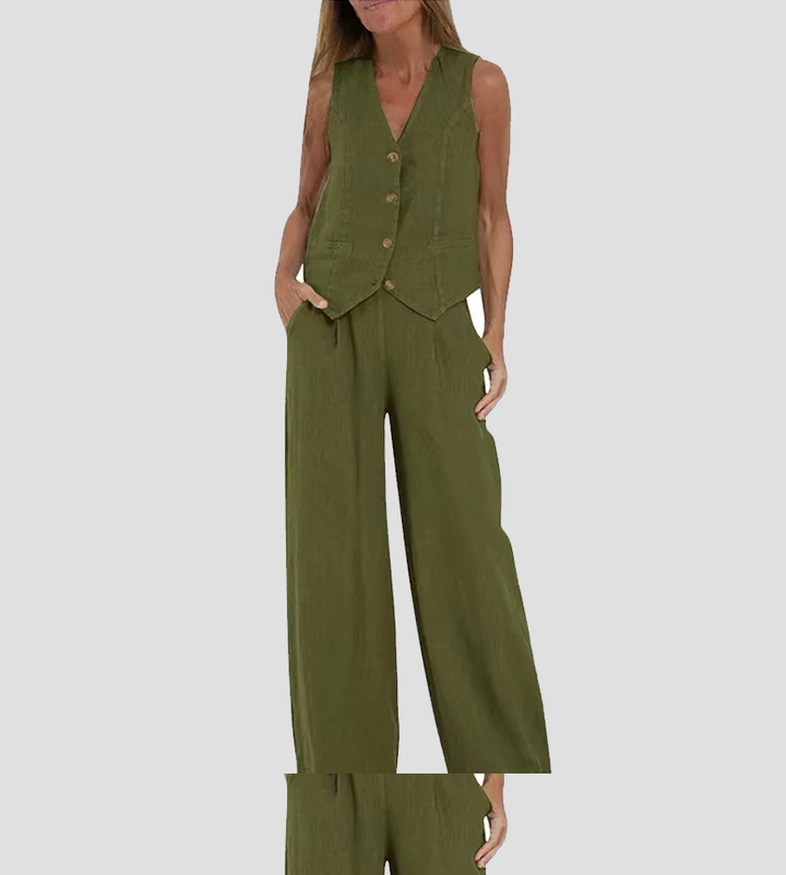Liora — Buttoned Vest & Wide-Leg Trousers Set