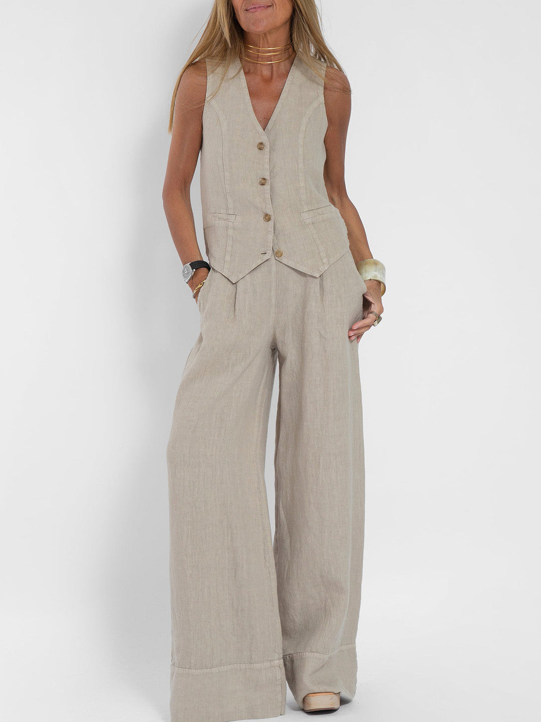 Liora — Buttoned Vest & Wide-Leg Trousers Set